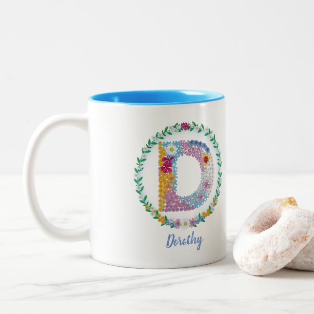 Blume Buchstaben "D" mit Personalisiertem Namen Zweifarbige Tasse (Mit Donut)
