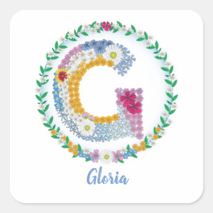 Blume Buchstaben "G" mit Personalisiertem Namen Quadratischer Aufkleber