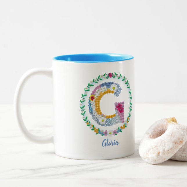 Blume Buchstaben "G" mit Personalisiertem Namen Zweifarbige Tasse (Mit Donut)
