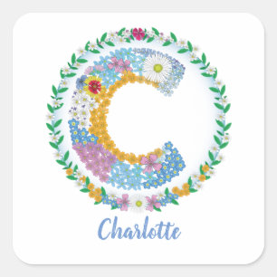 Blume Buchstaben Initial "C" mit Personalisiertem Quadratischer Aufkleber