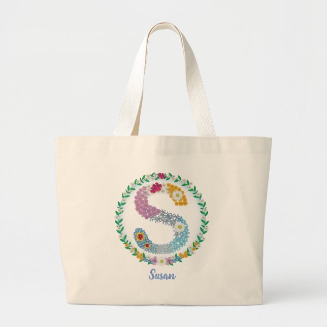 Blume Buchstaben Initial "S" mit Personalisiertem  Jumbo Stoffbeutel (Vorne)