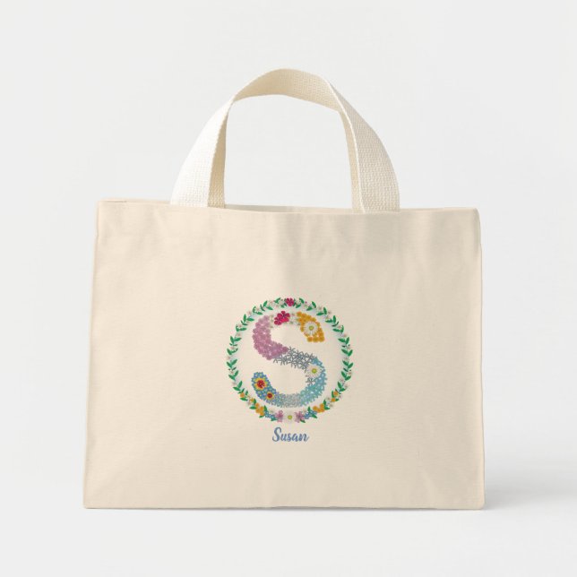Blume Buchstaben Initial "S" mit Personalisiertem  Mini Stoffbeutel (Vorne)