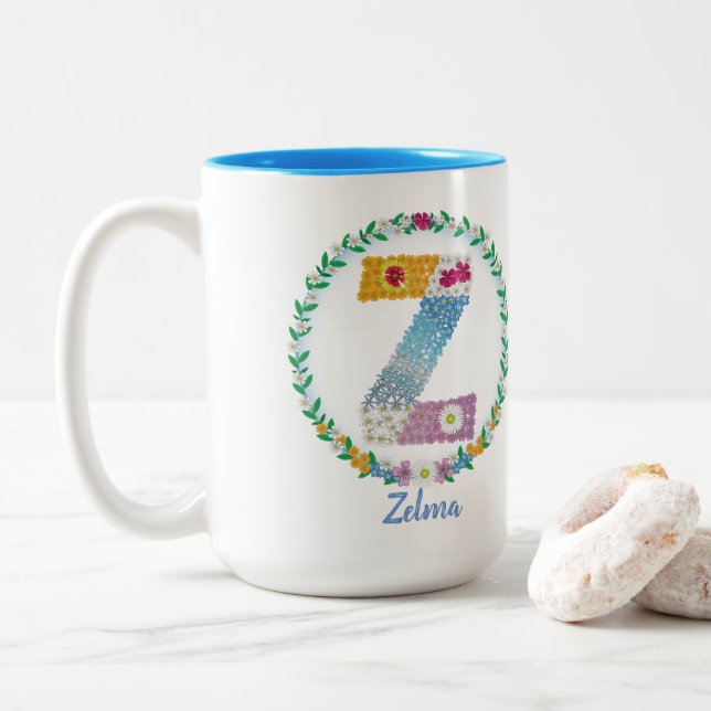 Blume Buchstaben Initial "Z" mit Personalisiertem  Zweifarbige Tasse (Mit Donut)