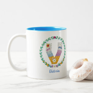 Blume Buchstaben "V" mit Personalisiertem Namen Zweifarbige Tasse