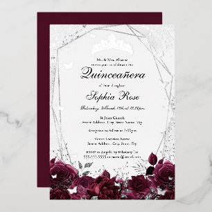 Blume Burgundy Silver Tiara Quinceanera Folieneinladung
