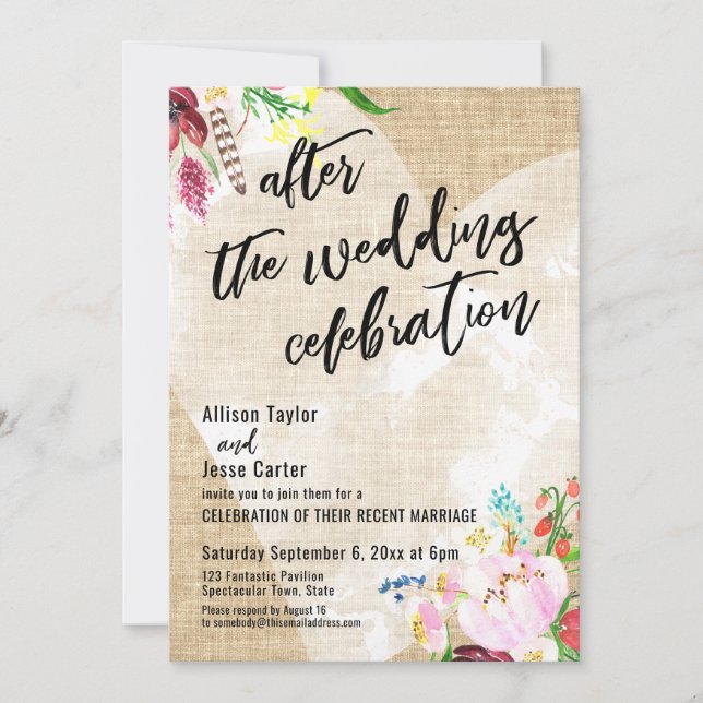 Blume Burlap nach der Hochzeit Einladung (Vorderseite)