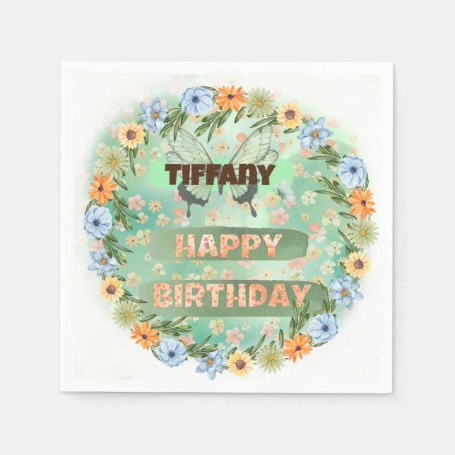 Blume & Butterfly Geburtstag Serviette (Vorderseite)