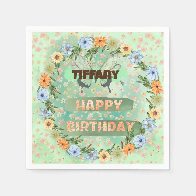 Blume & Butterfly Geburtstag Serviette (Vorderseite)