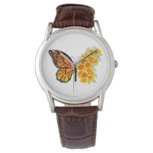 Blume Butterfly mit gelbem Kalifornien-Mohn Armbanduhr