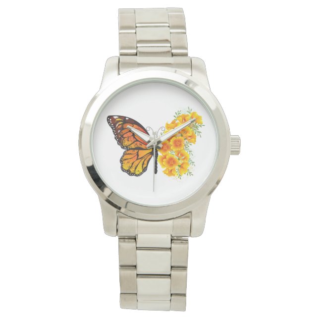 Blume Butterfly mit gelbem Kalifornien-Mohn Armbanduhr (Vorderseite)