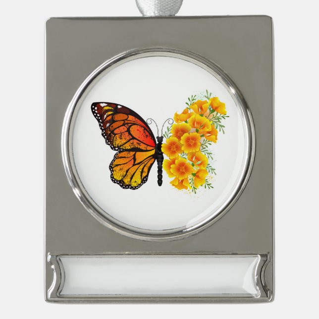 Blume Butterfly mit gelbem Kalifornien-Mohn Banner-Ornament Silber (Vorderseite)