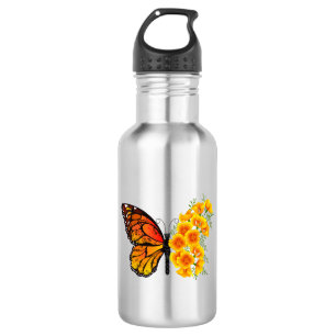 Blume Butterfly mit gelbem Kalifornien-Mohn Edelstahlflasche