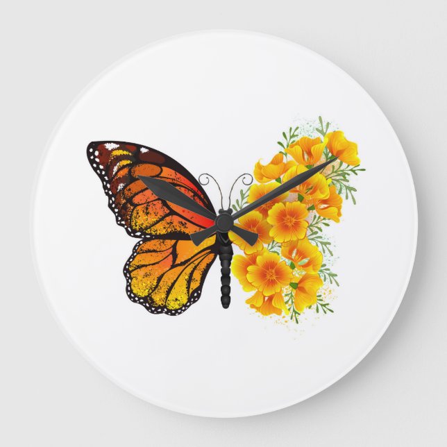 Blume Butterfly mit gelbem Kalifornien-Mohn Große Wanduhr (Vorderseite)