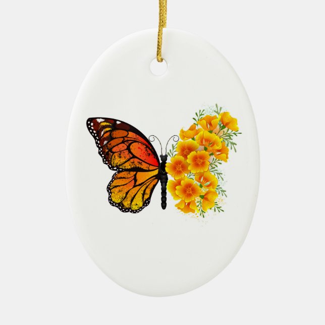 Blume Butterfly mit gelbem Kalifornien-Mohn Keramik Ornament (Vorne)