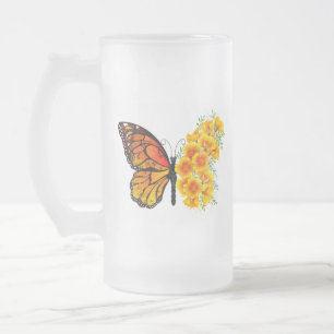 Blume Butterfly mit gelbem Kalifornien-Mohn Mattglas Bierglas
