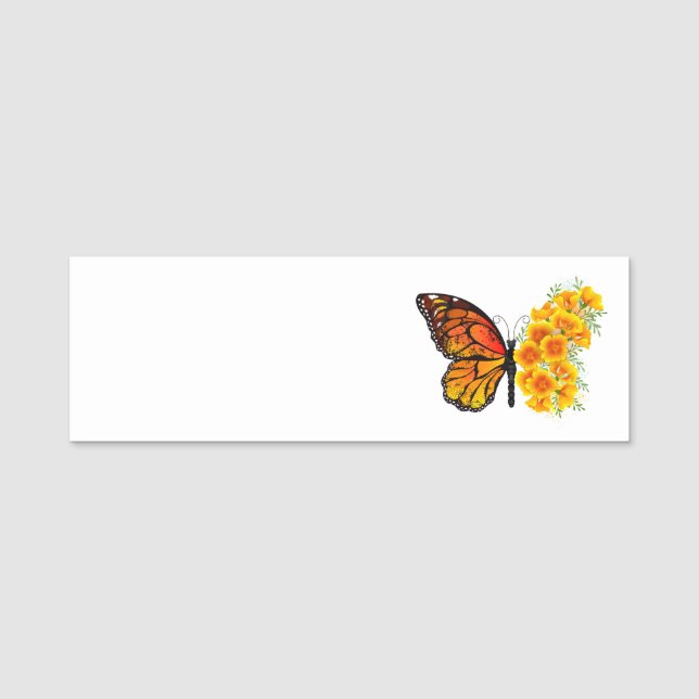 Blume Butterfly mit gelbem Kalifornien-Mohn Namensschild (Vorderseite)