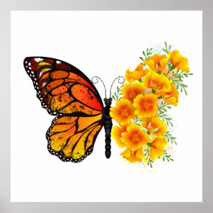 Blume Butterfly mit gelbem Kalifornien-Mohn Poster