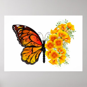 Blume Butterfly mit gelbem Kalifornien-Mohn Poster