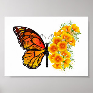 Blume Butterfly mit gelbem Kalifornien-Mohn Poster