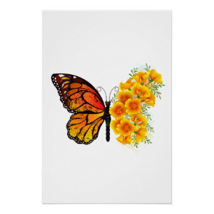 Blume Butterfly mit gelbem Kalifornien-Mohn Poster