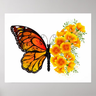 Blume Butterfly mit gelbem Kalifornien-Mohn Poster