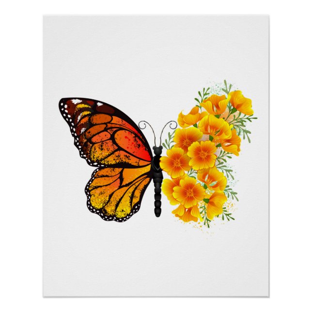 Blume Butterfly mit gelbem Kalifornien-Mohn Poster (Vorderseite)