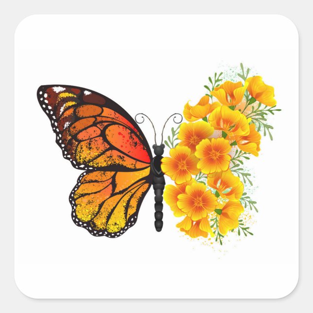 Blume Butterfly mit gelbem Kalifornien-Mohn Quadratischer Aufkleber (Vorderseite)