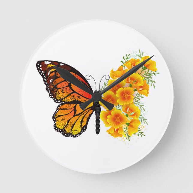 Blume Butterfly mit gelbem Kalifornien-Mohn Runde Wanduhr (Vorderseite)