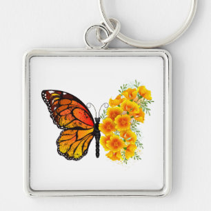 Blume Butterfly mit gelbem Kalifornien-Mohn Schlüsselanhänger