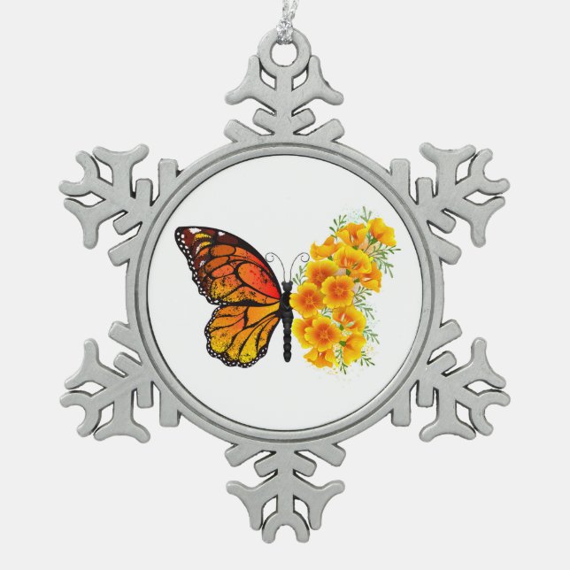 Blume Butterfly mit gelbem Kalifornien-Mohn Schneeflocken Zinn-Ornament (Vorderseite)