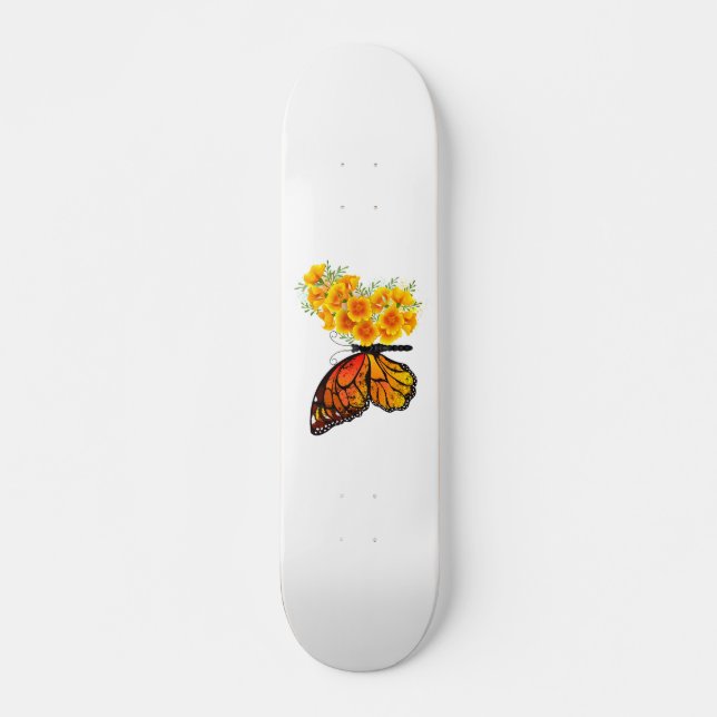 Blume Butterfly mit gelbem Kalifornien-Mohn Skateboard (Vorne)