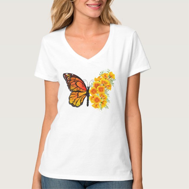 Blume Butterfly mit gelbem Kalifornien-Mohn T-Shirt (Vorderseite)