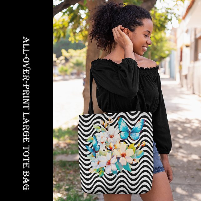 Blume & Butterfly Schwarz & Weiß Streifen (Flowers & Butterfly Black & White Wavy Stripes Tote Bag, all-over-print, tote bag, shopping bag,)