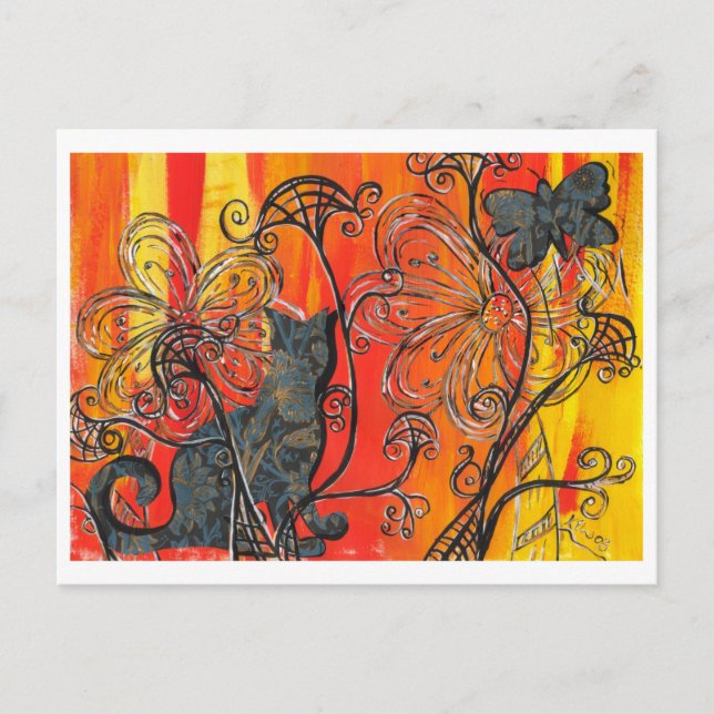 Blume Cat and Butterfly Postkarte (Vorderseite)