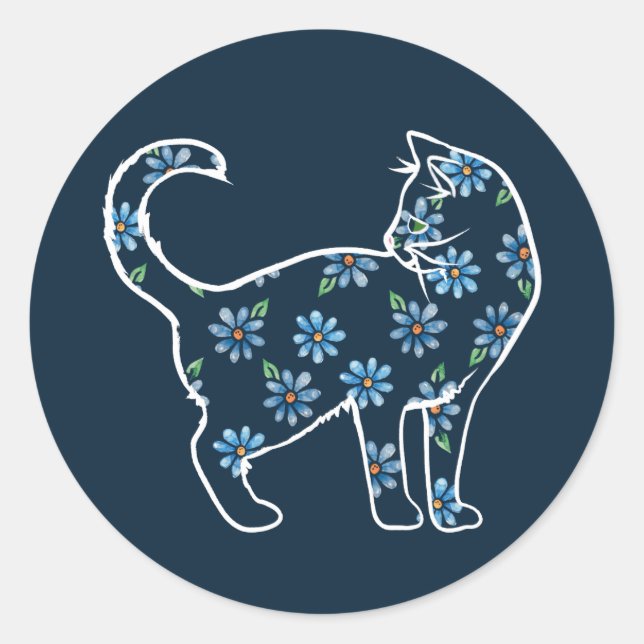 Blume Cat Blue Daisy Cats Runder Aufkleber (Vorderseite)