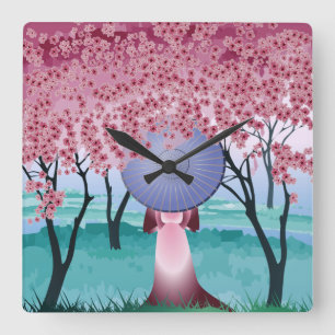 Blume Cherry Blossom Girl mit Schirm Thor Quadratische Wanduhr