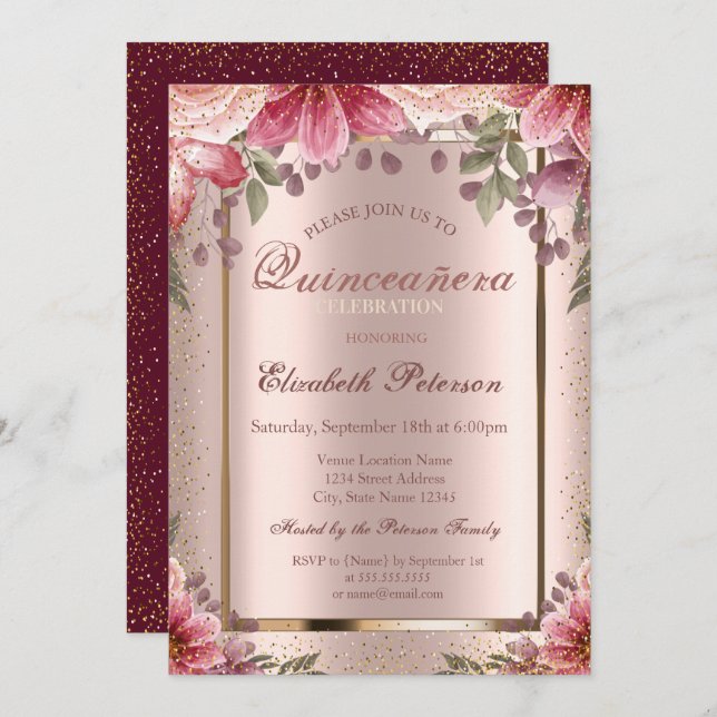 Blume Confetti Rose Gold, Burgund Quinceañera Einladung (Vorne/Hinten)