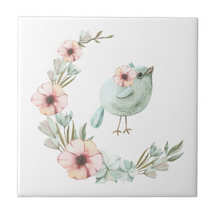 Blume Crescent mit Baby Blue Bird Art Tile Fliese