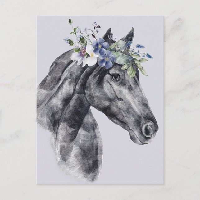 Blume Crown Black Horse Portrait Postkarte (Vorderseite)