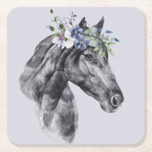 Blume Crown Black Horse Portrait Rechteckiger Pappuntersetzer