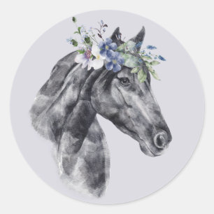 Blume Crown Black Horse Portrait Runder Aufkleber