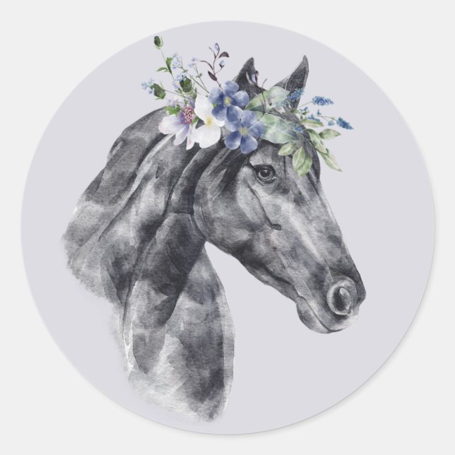 Blume Crown Black Horse Portrait Runder Aufkleber (Vorderseite)