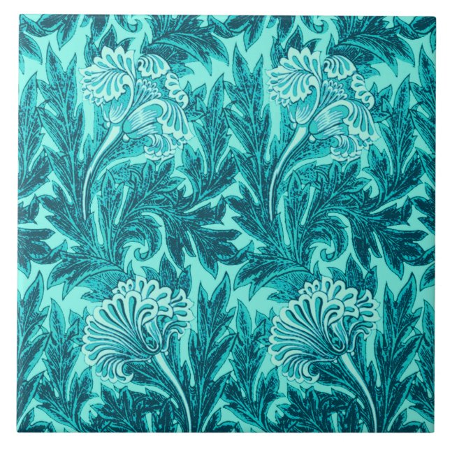 Blume Damask, Türkis und Aquamarin Blau Fliese (Vorderseite)