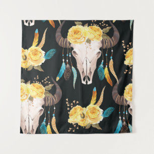 Blume Dekoriert Buffalo Skull Nahtlos Wandteppich