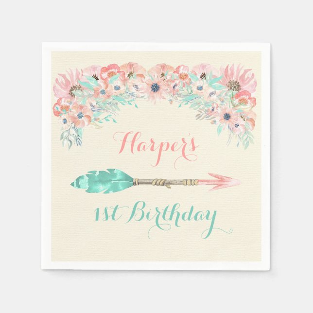 Blume der Arrow-Wasserfarben-Federn Rosa Pfirsichm Serviette (Vorderseite)