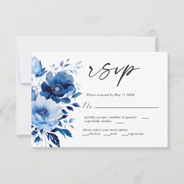 Blume der Blue Wedding RSVP-Karte RSVP Karte (Vorderseite)