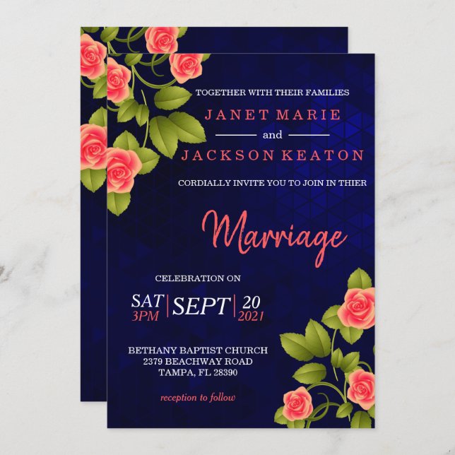 Blume der dunkelblauen und korallenfarbenen Rose Einladung (Vorne/Hinten)