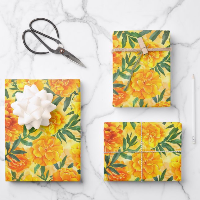 Blume der gelben und orangen Marigold-Art Geschenkpapier Set (Vorderseite)