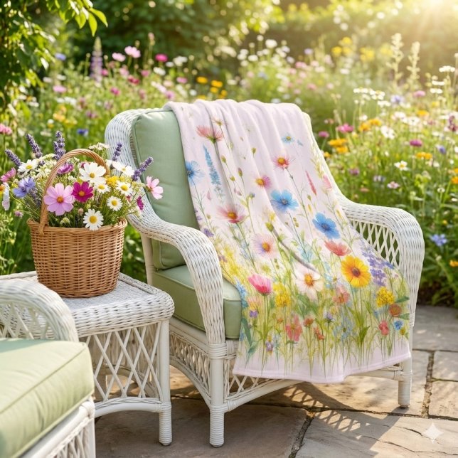 Blume der hübschen Wildblume Rosa Fleece Blanken (Bask in garden calm floral throw, fresh blooms, and wicker charm invite a moment of peace.)