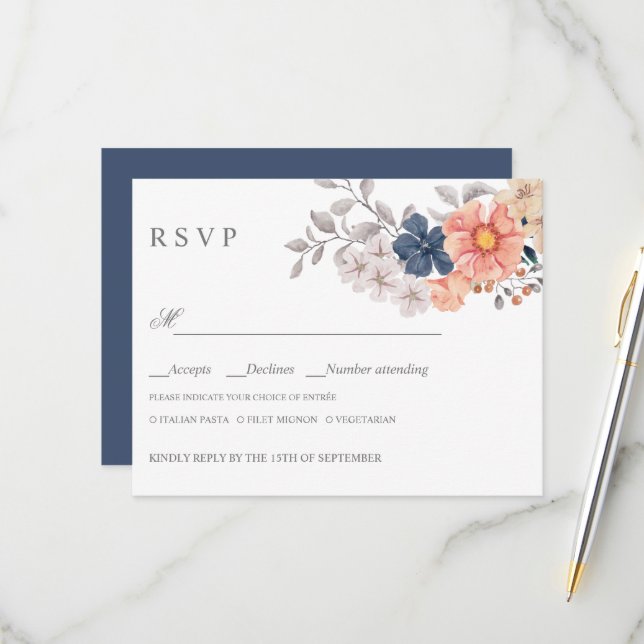 Blume der Korallenflotte WEDING RSVP MEAL CHOICE Karte (Vorderseite/Rückseite Beispiel)
